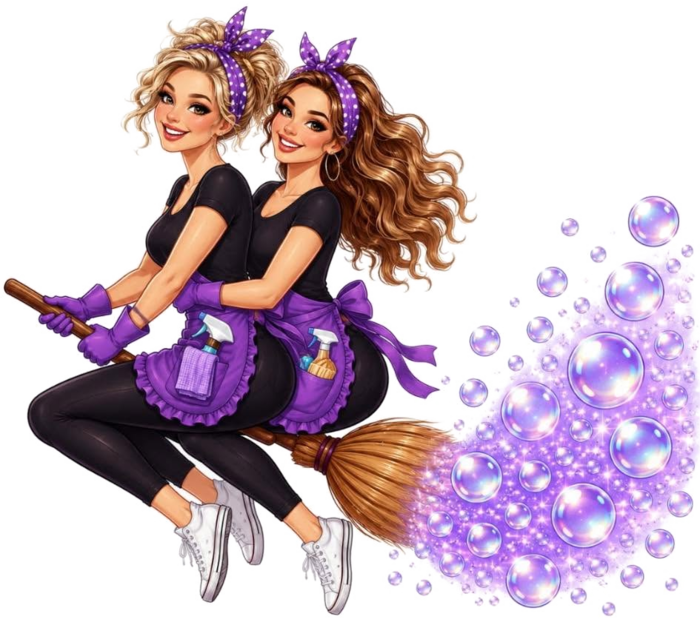 Tiana and Allyssa flying on a broom with a trail of bubbles