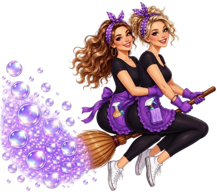 Tiana and Allyssa on their broom, bubbles trailing behind